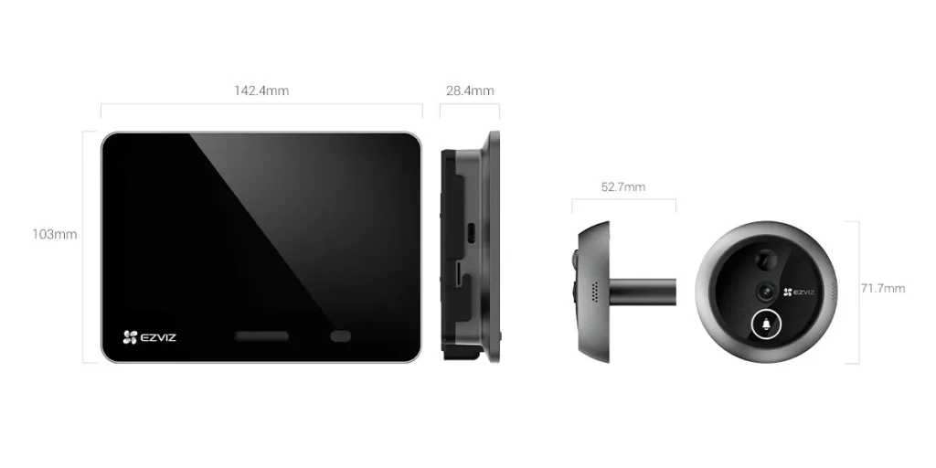 dimensioni dello spioncino EZVIZ EP4, pannello interno e telecamera esterna quotati in millimetri