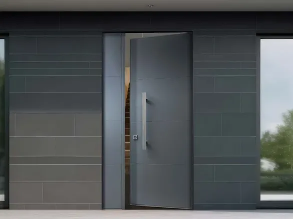 porta blindata Gardesa grigia a filo muro su facciata moderna in gres